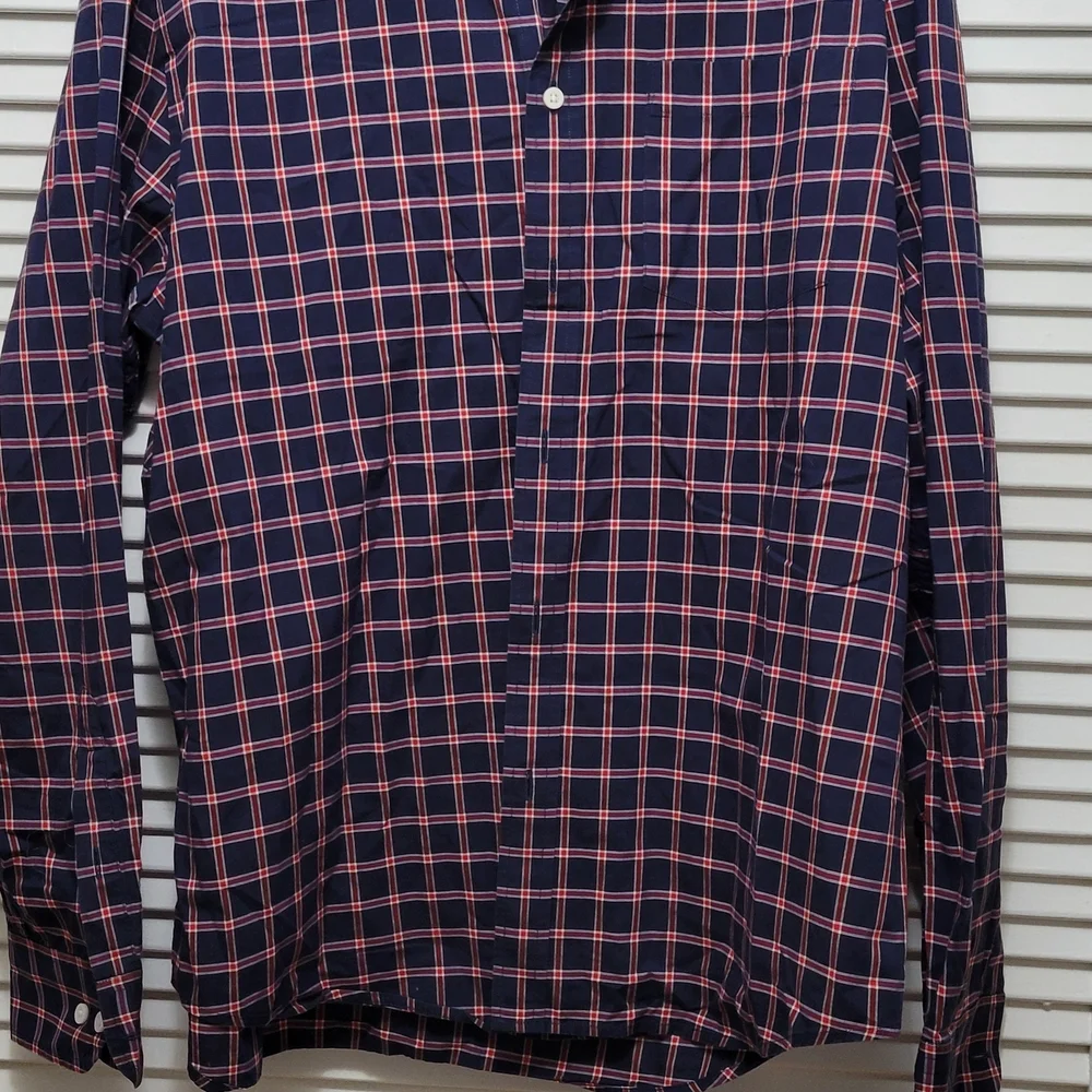 Banana Republic Men's Navy and Pink Checkered Shirt Long Sleeve